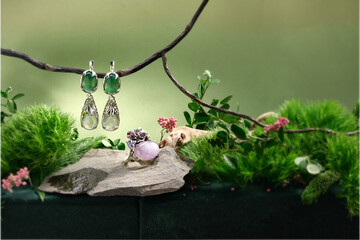 Elegant jewelry set. Jewellery set with gemstones. Jewelry accessories collage. Product still life...