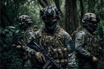 Fototapeta premium jungle Special Forces Military Unit in Full Tactical Gear in the desert, generative ai forest scene