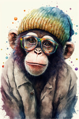 AI generative watercolor drawing of a monkey with glasses, hat and scarf