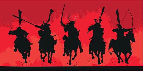 Samurai Japanese warriors in charge.  Medieval Japan - cavalry attacking. Silhouettes of soldiers - vector isolated. Illustration - obrazy, fototapety, plakaty