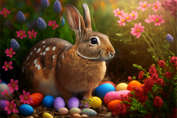 AI Generative rabbit in the garden in spring with colored eggs