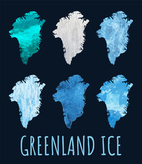 Set of Greenland map outlines on ice texture. Concept collage.