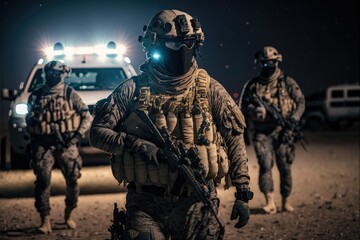night warehouse attack by Special Forces Military Unit in Full Tactical Gear in the desert, generative ai
