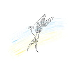 Line art illustration of a flying bird and the flag of ukraine. Stop the war in Ukraine