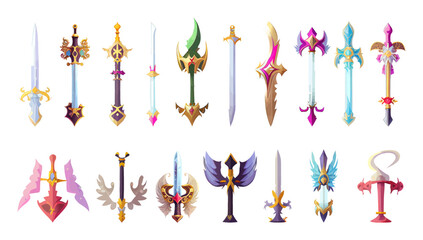 Colorful Fairy Tale knight swords weapon for game interface. Vector cartoon set of fantasy metal different kind of swords isolated on background. Flat style. Vector illustration © marikova