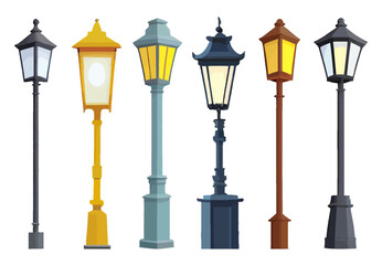 A beautiful set of lighting fixtures for outdoor urban lighting in flat style. Isolated vintage style with various shapes and types of street lamps. Vector illustration - obrazy, fototapety, plakaty