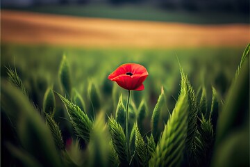 Lone poppy in the foreground on a green wheat field. Generative AI. 1