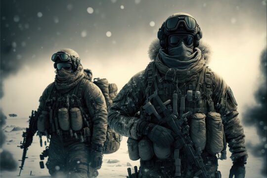 Snow Special Forces Military Unit in Full Tactical Gear in the desert, generative ai ice cold scene