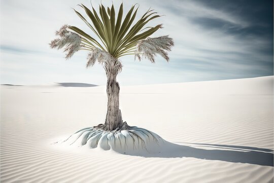  A Palm Tree In The Middle Of A Desert With A Sky Background And A Shadow Of A Palm Tree On The Ground, With A Long Thin, Curved, Curved, Curved, Curved, Curved, Curved, Curved, Curved,.