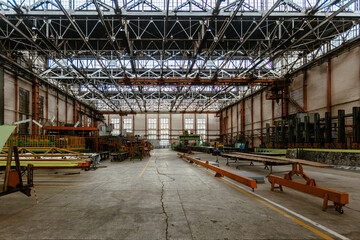 Heavy mechanical engineering factory production line. Interior of large worksop