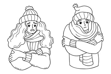 cold girl and man in knitted hat and wrapped in scarf freezing wearing and shivering. Outline vector illustration. hand drawn doodle. Winter season and suffering of low minus degrees temperature.