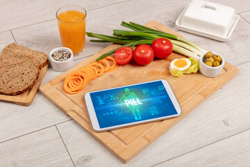 Tablet Pc with fruits, medical concept