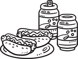 Hotdog with a Soda Can Isolated Coloring Page 