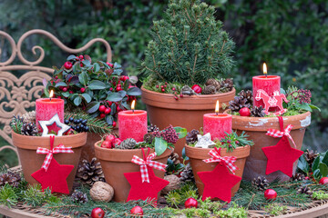 Weihnachtsdekoration mit roten Adventskerzen in Terracotta- Töpfen	

