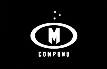 M black and white ellipse alphabet bold letter logo with dots. Creative template design for business and company