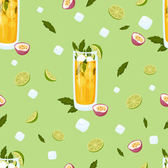 Seamless pattern with summer cocktail Passion Fruit Mojito in glass with ice cubes , lime and mint on green background. Vector pattern with latin american tropical drink.