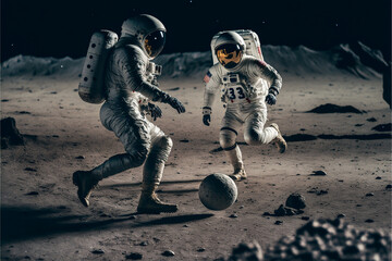 Two astronauts playing football on an alien planet, astronaut travel and healthy lifestyle concept, active pastime idea, illustration art generated by AI, uncharted space