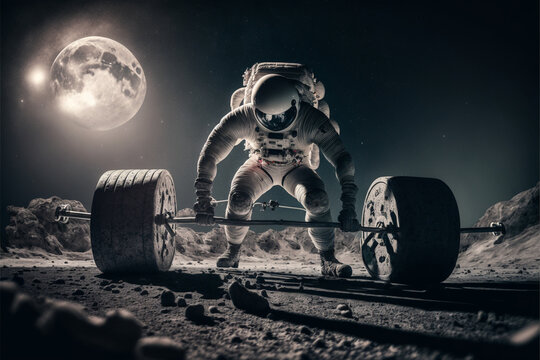 Powerlifter astronaut lifts the barbell on an alien planet, does weightlifting, travel and healthy lifestyle concept, active pastime idea, uncharted space, illustration art generated by ai