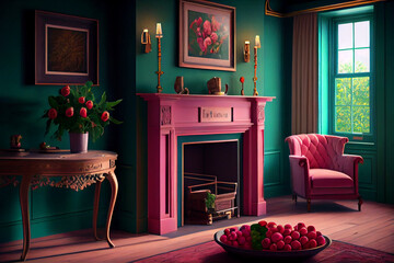 Cozy Green Living Room with Rose Fireplace and Fruit-Filled Wooden Table: Perfect for Holiday Decorating