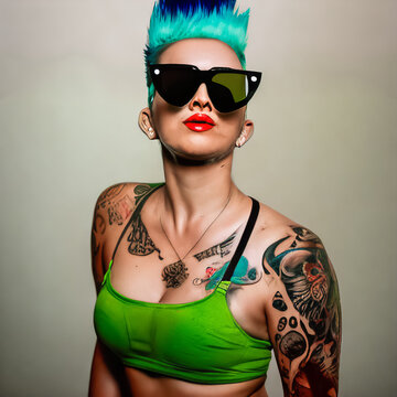 Generative AI - Fashionable Rebellion: A Photograph of a Tattooed Punk Rock Girl in Green