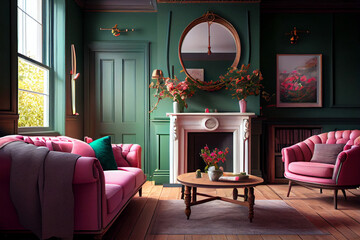 Photorealistic Cozy Green Living Room with Rose Fireplace and Fruit-Filled Wooden Table: A Perfect Blend of Vintage and Luxury for Holiday Decor