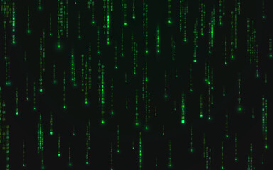 Binary background. Green matrix texture with running numbers. Abstract falling digits. Futuristic data stream. Random code with lights. Vector illustration