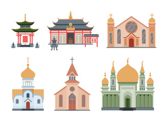 Religious Buildings with Different Churches and Temples Facades Vector Set