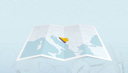 Map of Bosnia and Herzegovina with the flag of Bosnia and Herzegovina in the contour of the map on a trip abstract backdrop.