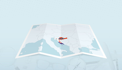 Map of Croatia with the flag of Croatia in the contour of the map on a trip abstract backdrop.