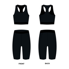 Drawing of a sports bra and cycling shorts in black, vector. Shapewear sketch, vector. Crop top and shorts for running, fitness, swimming, yoga, Pilates, cycling, etc.