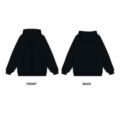 Outline vector drawing of fashionable hoodie. Hoodie with zipper and pockets, vector. Black hoodie with a zipper painted on a white background front and back view © Iryna