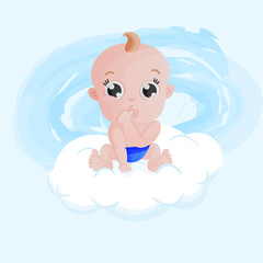 Baby boy sits on a cloud and sucks his thumb. Baby shower. It`s a boy. Welcome baby.
