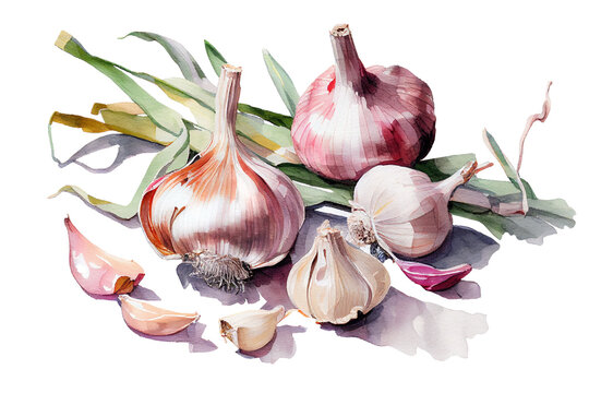 Several bulbs of garlic on a white background, watercolor drawing. Generative AI.