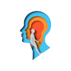 Realistic paper cut layered human head with man walking inside. Colorful papercut man silhouette on isolated background for mental health, imagination or psychology disorder concept.