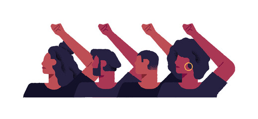 African american people group with hands up in protest march or social isssues event. Diverse men and women characters fighting for justice and police discrimination.