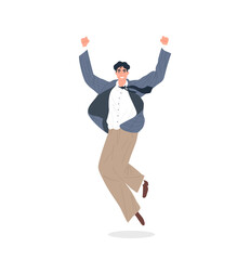 Happy business man jumping for success concept on isolated background. Successful young salesman motivated or in positive emotion.