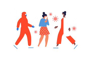 Coronavirus disease concept illustration of diverse people infected with corona virus. Covid-19 patients sick at hospital being treated by doctors and nurses.	