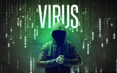 Faceless hacker with inscription concept