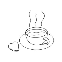 Vector cute coffee or tea cup with heart. Hand drawn illustration in doodle style. Hot coffee cupgraphic on white background. Linear design for printing greeting card, invitation, poster, cafe menu. 