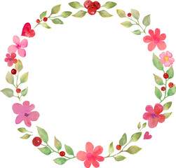 Watercolor floral round wreath   with red, pink flowers and green leaves. Flowers hand drawn illustration.  Vector EPS.