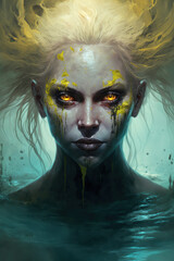 ethereal siren, female zombie, dark fantasy, magician, evil, art illustration 