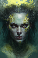 ethereal siren, female zombie, dark fantasy, magician, evil, art illustration 