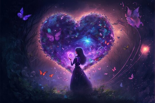  a woman holding a wand in her hands in front of a heart shaped painting of butterflies and butterflies in the sky, with a purple background of a purple heart with a blue and purple. Generative AI