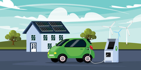 Obraz na płótnie Canvas Vector illustration of beautiful electric charging stations. Cartoon landscape with charging electric car, solar powered house, wind turbines in the background.