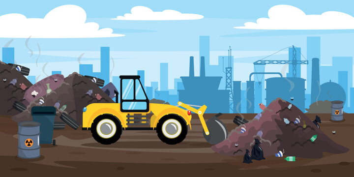 Vector illustration of smelly garbage dump. Cartoon urban buildings with landfills of various garbage, chemical waste, a bulldozer that sorts it and the city in the background.