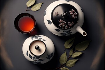  a tea pot and a cup of tea on a table with leaves and leaves around it on a dark surface with a black background and white background with a green leafy branch and a. Generative AI