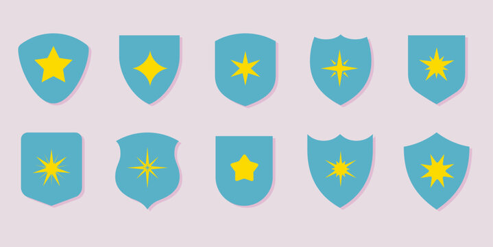 Superhero shields with stars. Super power and safe, shield silhouettes set. Safety and legally, vector knight or heroes accessories collection