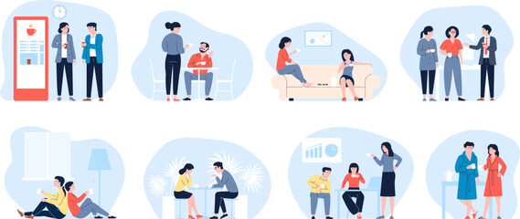Fototapeta premium People drink coffee with friend, colleagues or family. Couple at home, female friends drinking and talk on sofa. Hot beverages in office, recent vector scenes