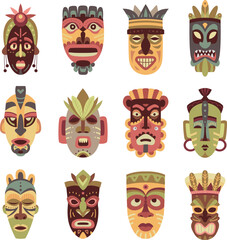 Ethnic flat african tiki mask, polynesian hawaiian idols masks. Native tribal design, totem face aborigine traditional art. Wooden sculpture classy vector graphic