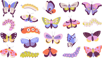 Colorful doodle butterfly and caterpillars. Moth, cartoon floral garden insects. Amazing isolated butterflies, isolated flying racy insect vector set